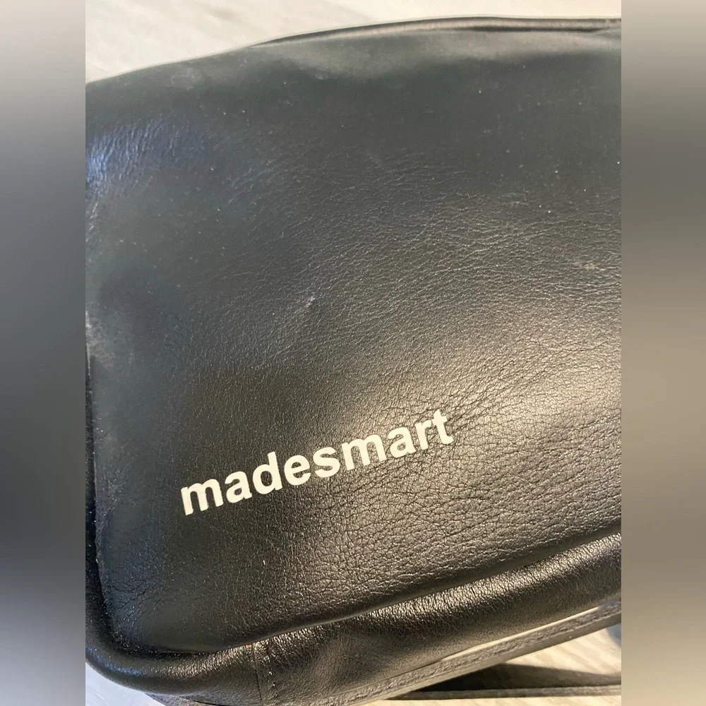 Madesmart Black Leather Zip Pouch Crossbody Bag, Made in Spain